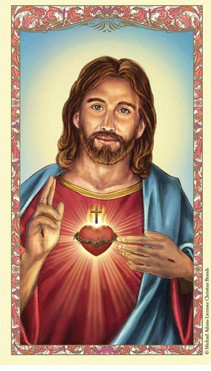 Laminated Sagrado Corazon de Jesus Holy Card featuring morning prayer in Spanish, part of Christian religious collectibles by Bob and Penny Lord.