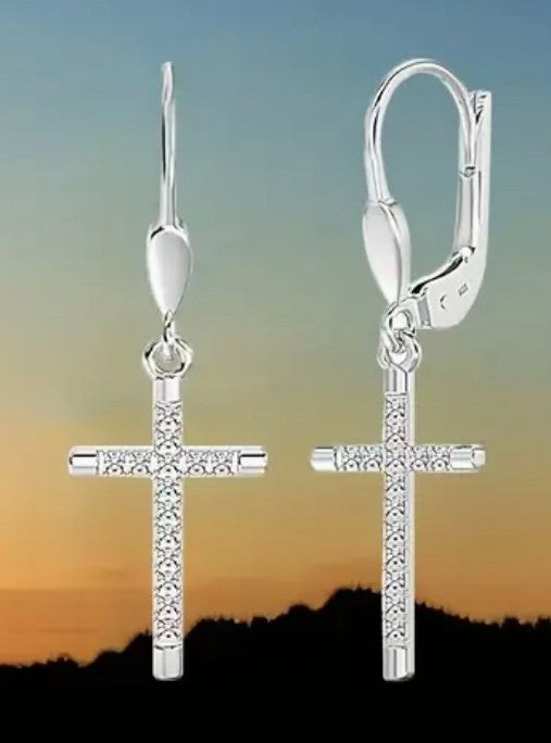 Cross Drop 1.29" Sterling Silver  Earrings with inlaid Zirconia. New #AB-383-R2