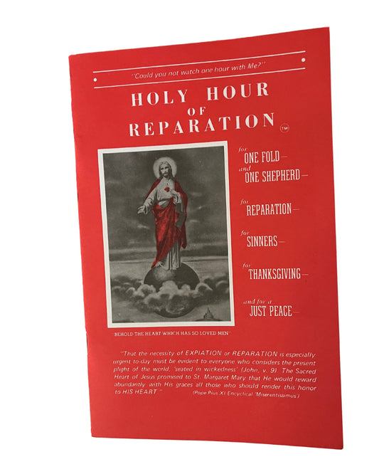 Holy Hour of Reparation to the Sacred Heart of Jesus Christian Holy Card by Bob and Penny Lord, featuring religious imagery and sacred symbols.