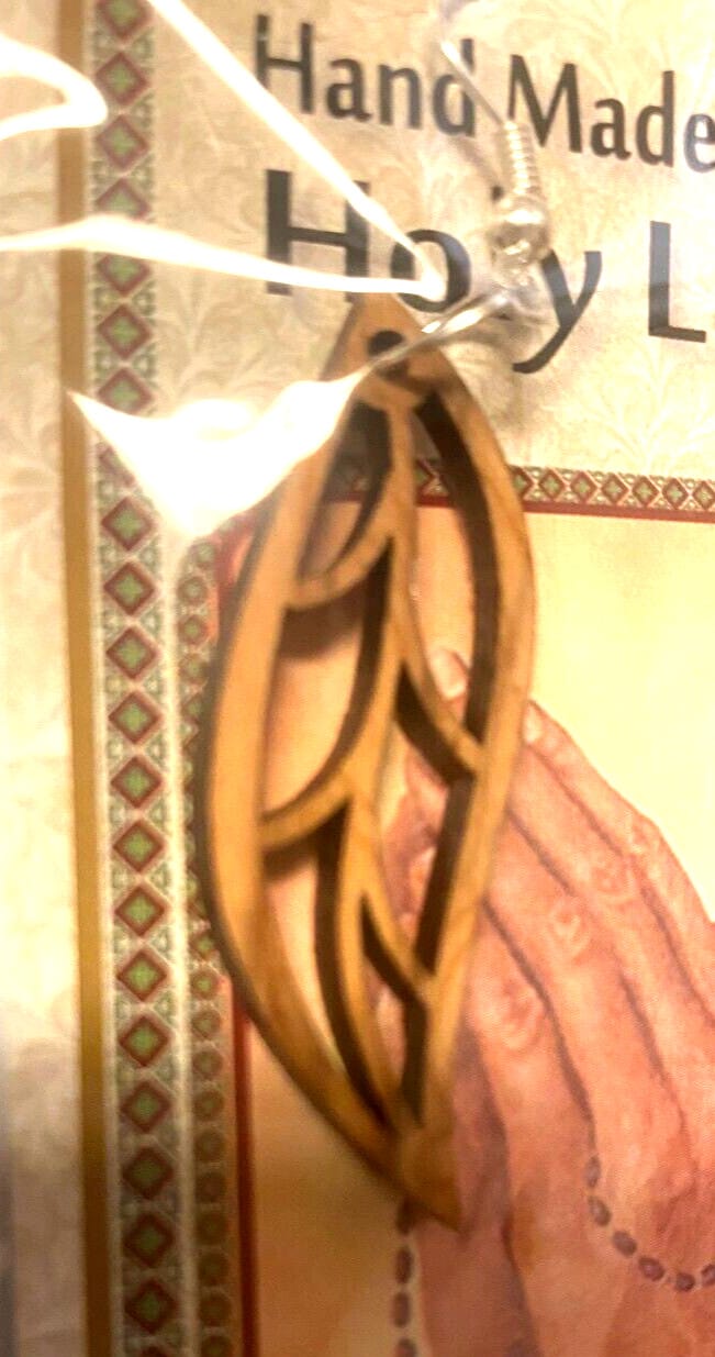 Olive wood hanging earrings, 2.25 inches, handmade fashion jewelry with natural wood grain, crafted from Holy Land olive wood.