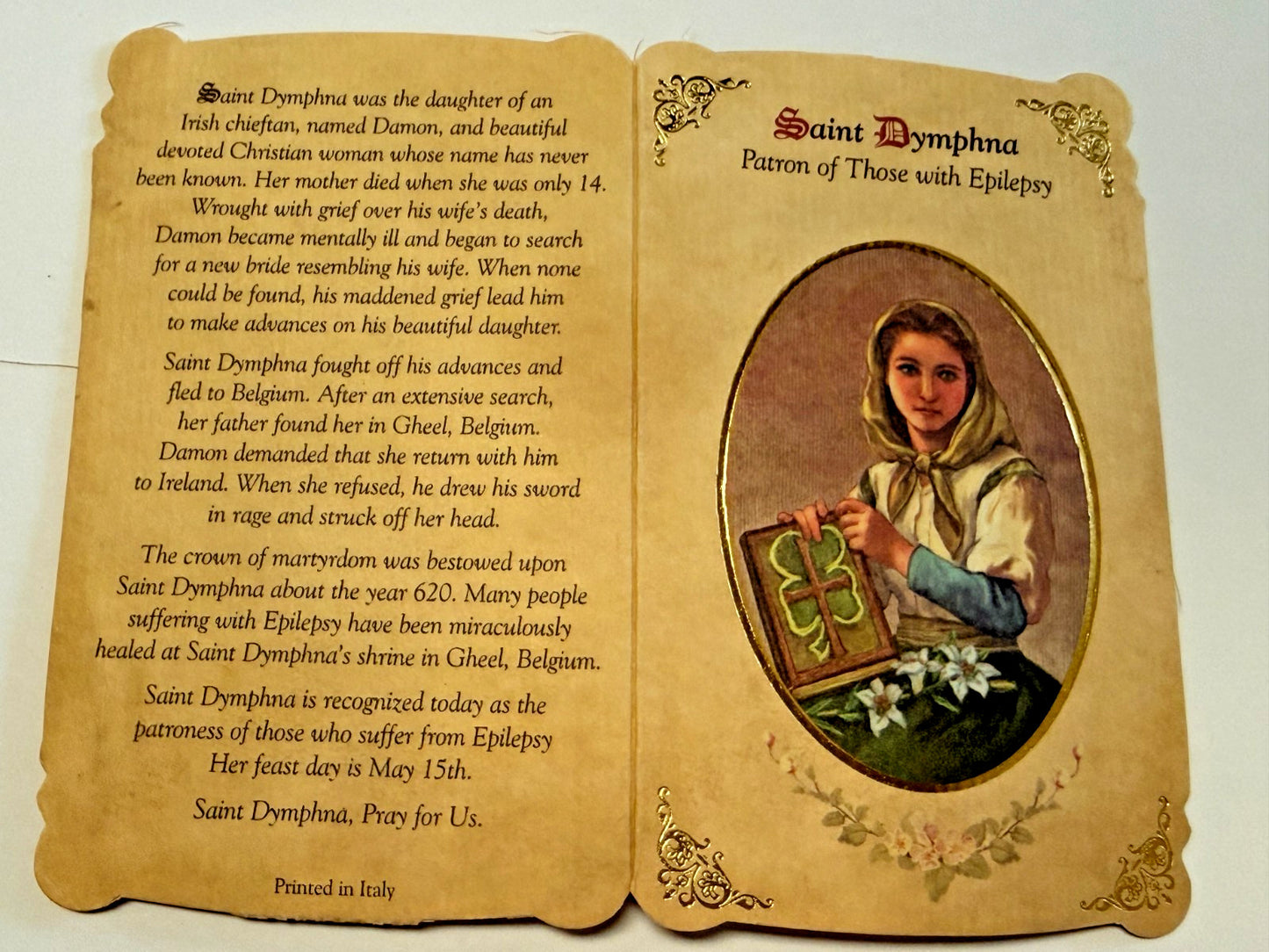 St Dymphna Patron of  Epilepsy illness Prayer Card  Medal, New #PCM-33