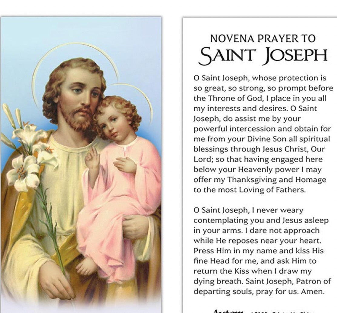 Saint Joseph prayer card with attached medal on a 20-inch chain, featuring religious imagery by Bob and Penny Lord.