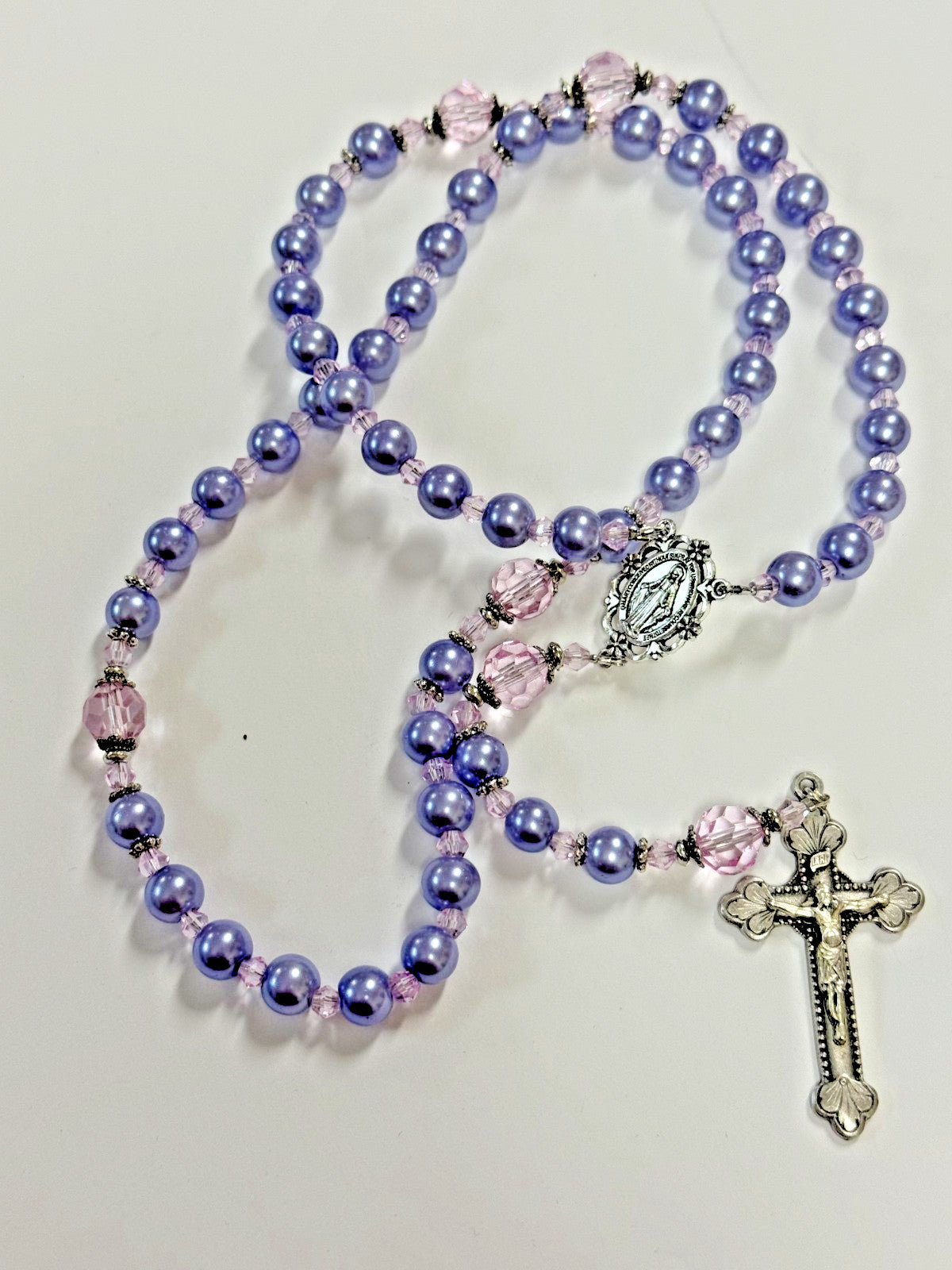 Purple Rosary with Faux Glass Pearl and Faceted Crystal Beads 19 In