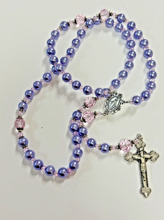 Purple Rosary with Faux  Glass Pearl and  Faceted Crystal Beads, New #Gftshp-54