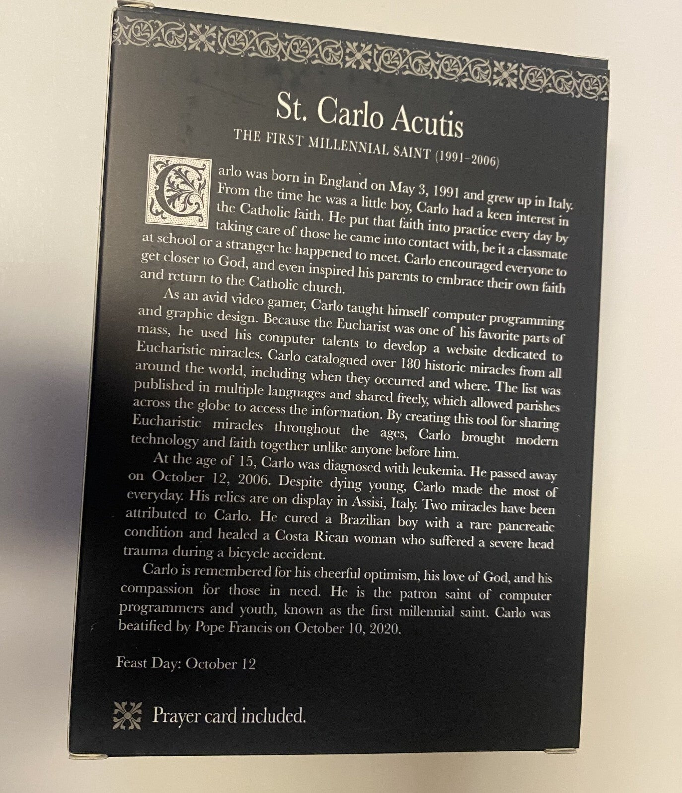 Bl Carlo Acutis Apostle of the Eucharist Statue 4 Inch Resin with Prayer Card #RM-44