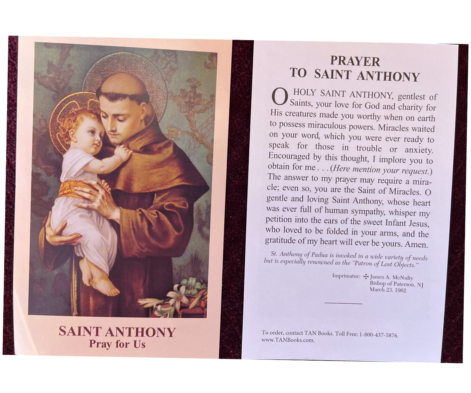 Saint Anthony of Padua prayer card for anxiety from Bob and Penny Lord, featuring religious imagery and prayer text.