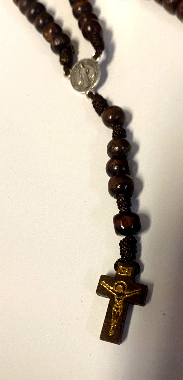 Wood Saint Sister Faustina rosary box with rosary, featuring religious imagery, from Bob and Penny Lord, made in Colombia.