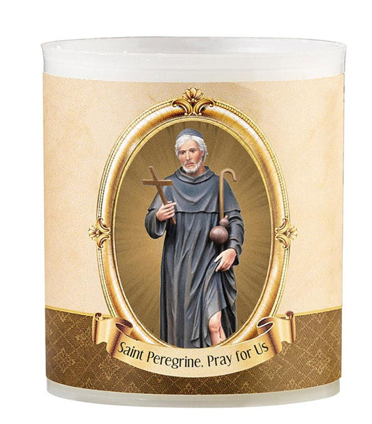 Small votive candle featuring Saint Peregrine, the Cancer Saint, from Bob and Penny Lord’s religious collectibles collection.