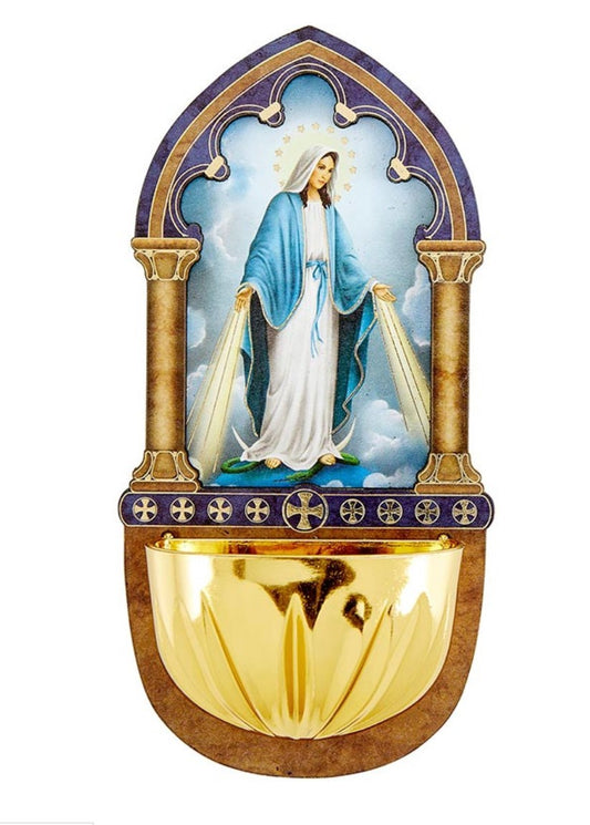 Our Lady of Grace Laser Wood Holy Water 5" Font, New #Gftshp-194