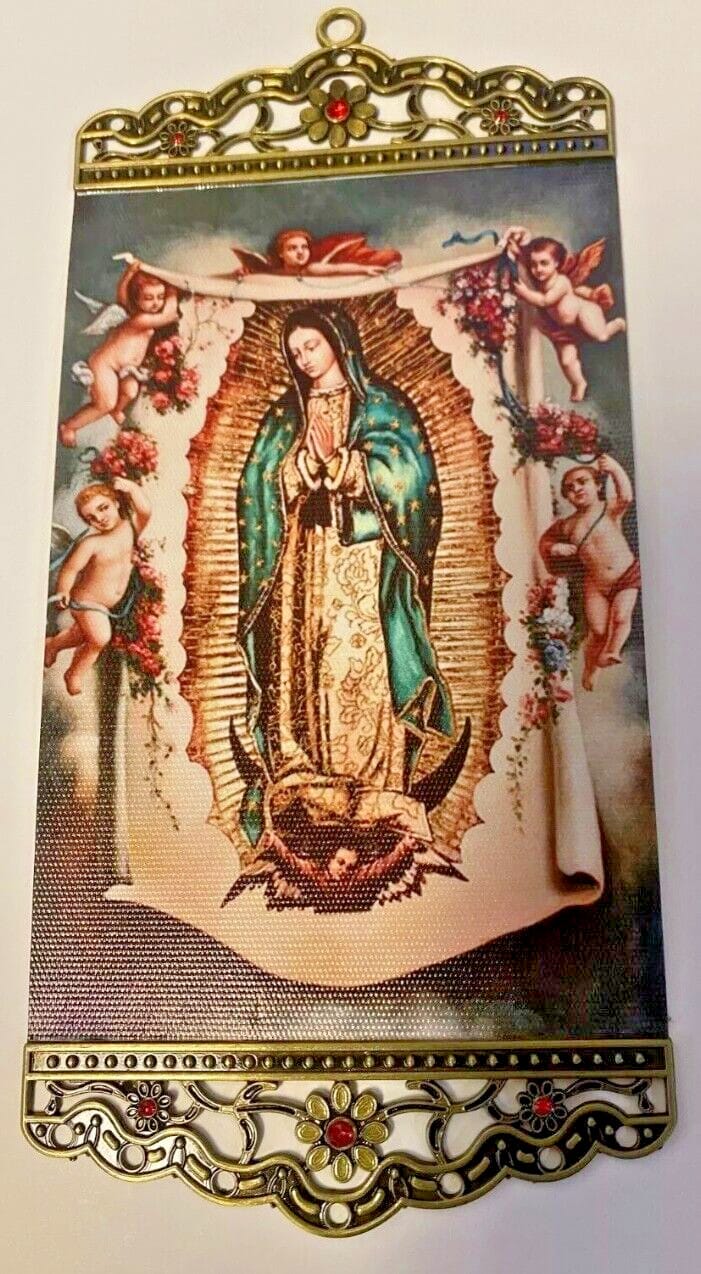 Small canvas icon of Our Lady of Guadalupe by Bob and Penny Lord Journeys of Faith, featuring a detailed religious depiction.