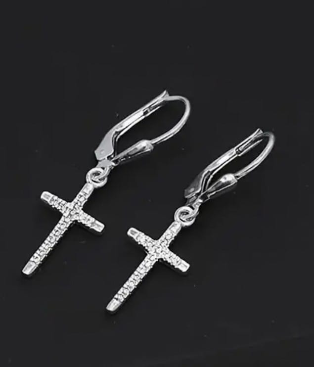 Cross Drop 1.29" Sterling Silver  Earrings with inlaid Zirconia. New #AB-383-R2 Unbranded Jewelry & Watches:Fashion Jewelry:Earrings