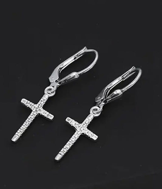 Cross Drop 1.29" Sterling Silver  Earrings with inlaid Zirconia. New #AB-383-R2 Unbranded Jewelry & Watches:Fashion Jewelry:Earrings