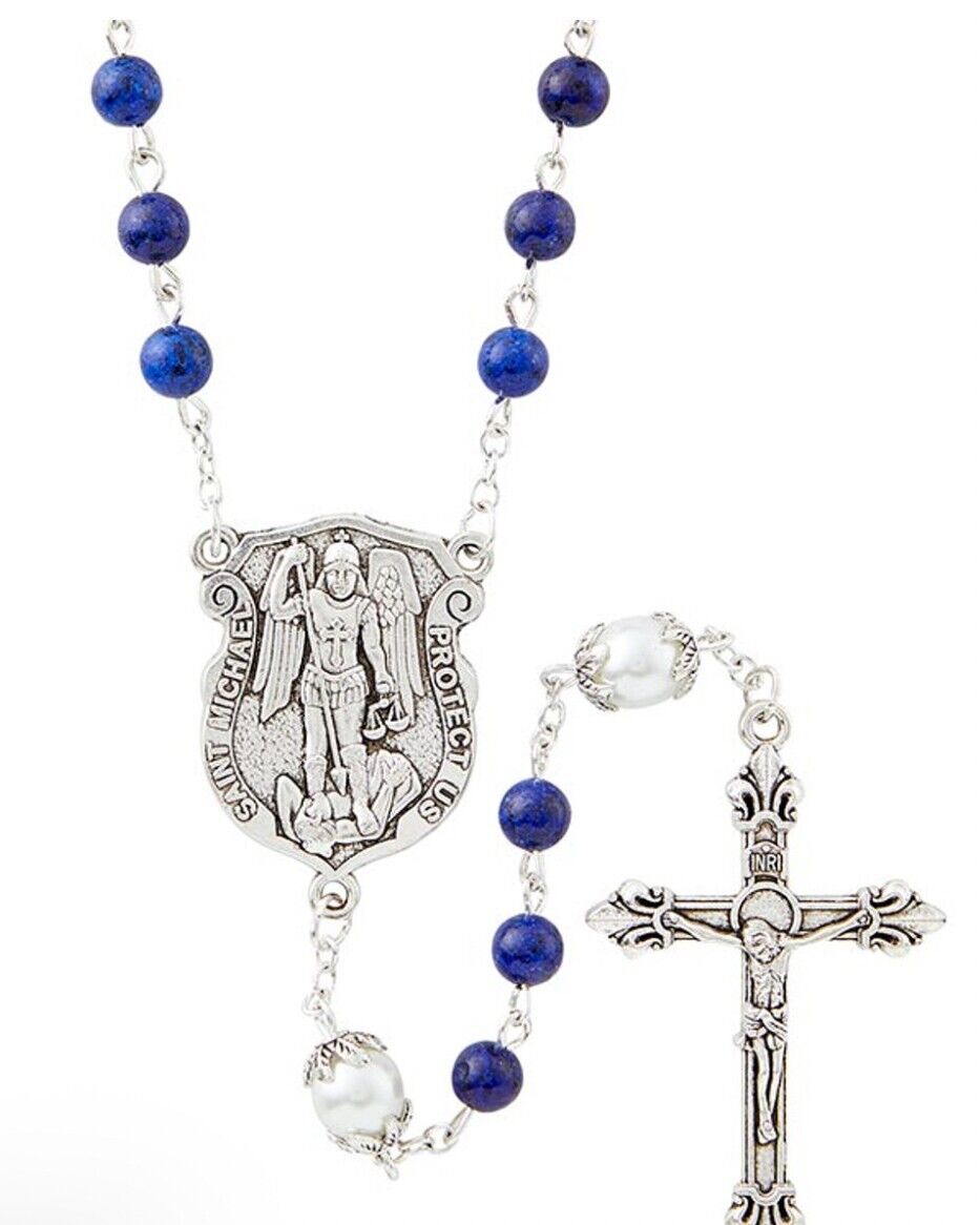 St Michael/Spiritual Warrior Faux Lapis & Glass Pearl Beads Rosary, New  #AB-044