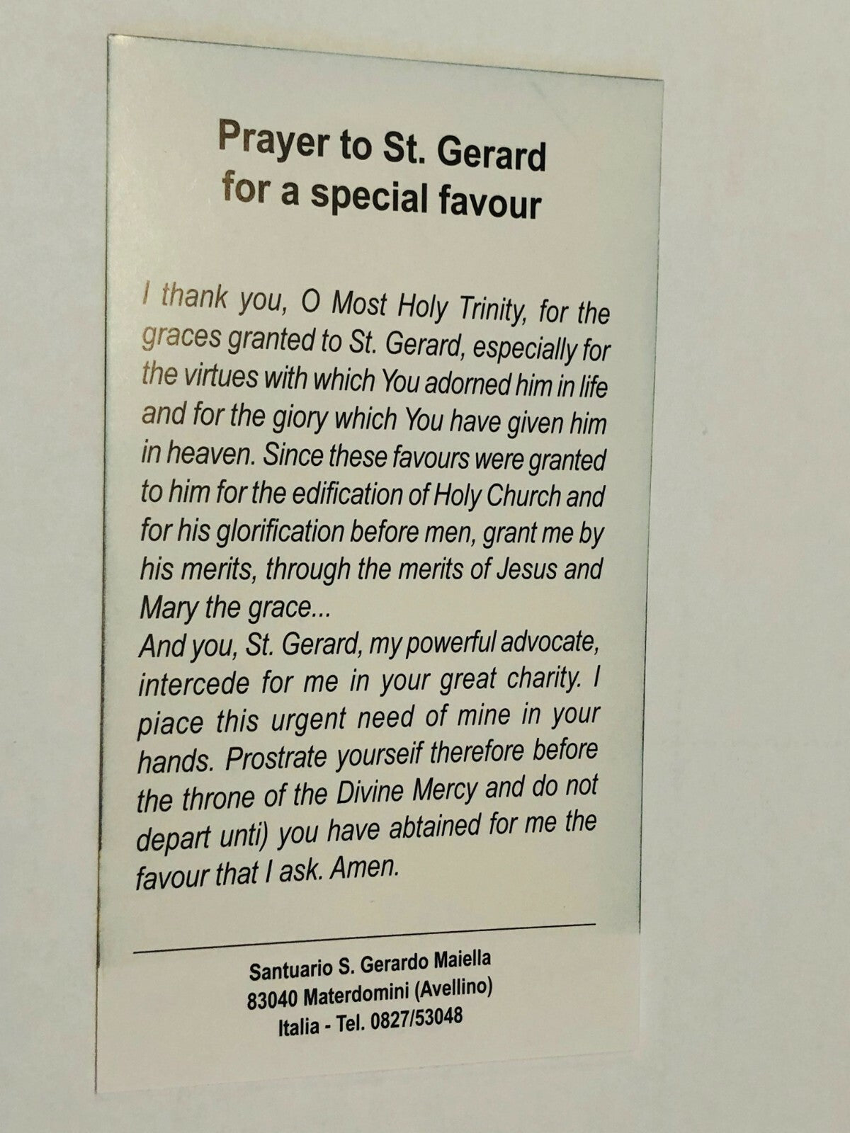 Saint Gerard Majella prayer card from Italy, religious Christian holy card featuring sacred imagery, by Bob and Penny Lord.