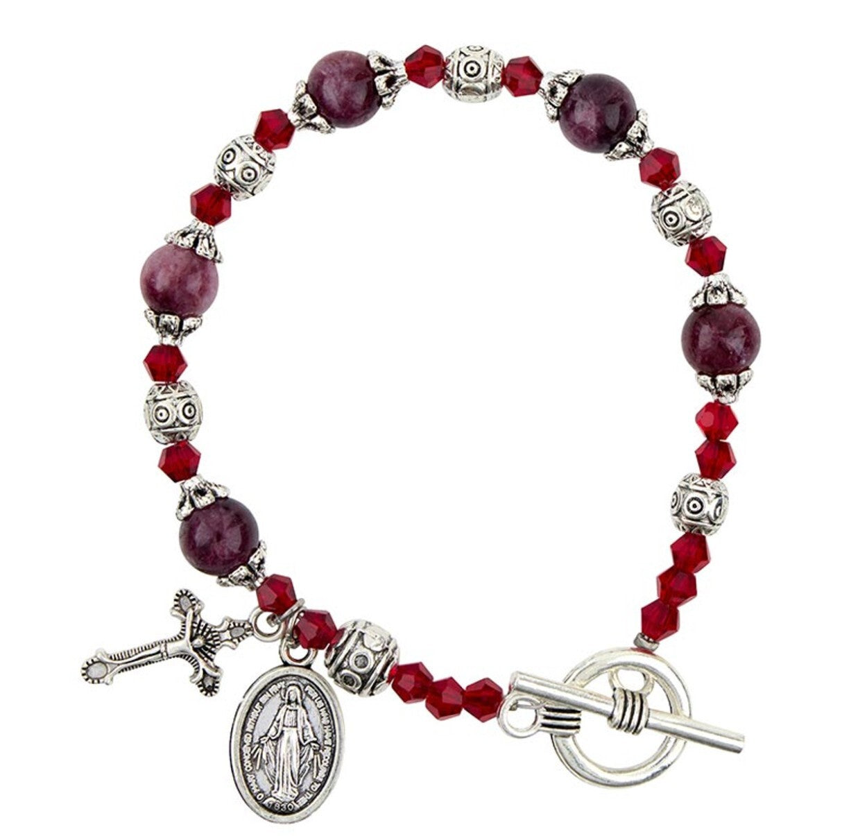 MIraculous Medal Garnet Madonna del Parto  Bracelet, New #AB-70-3