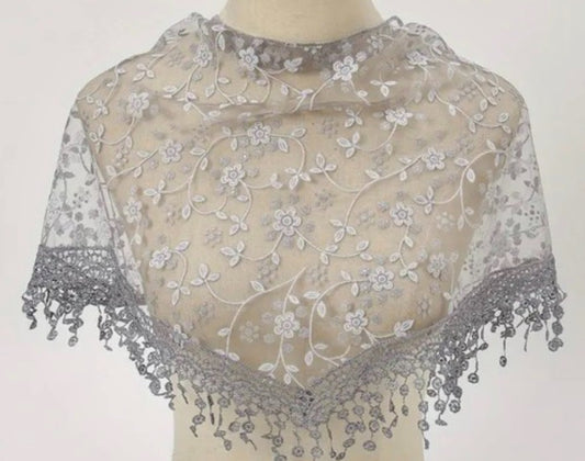 Women's  Gray Lace with white accents, Church Veil, New #AB-453-R2