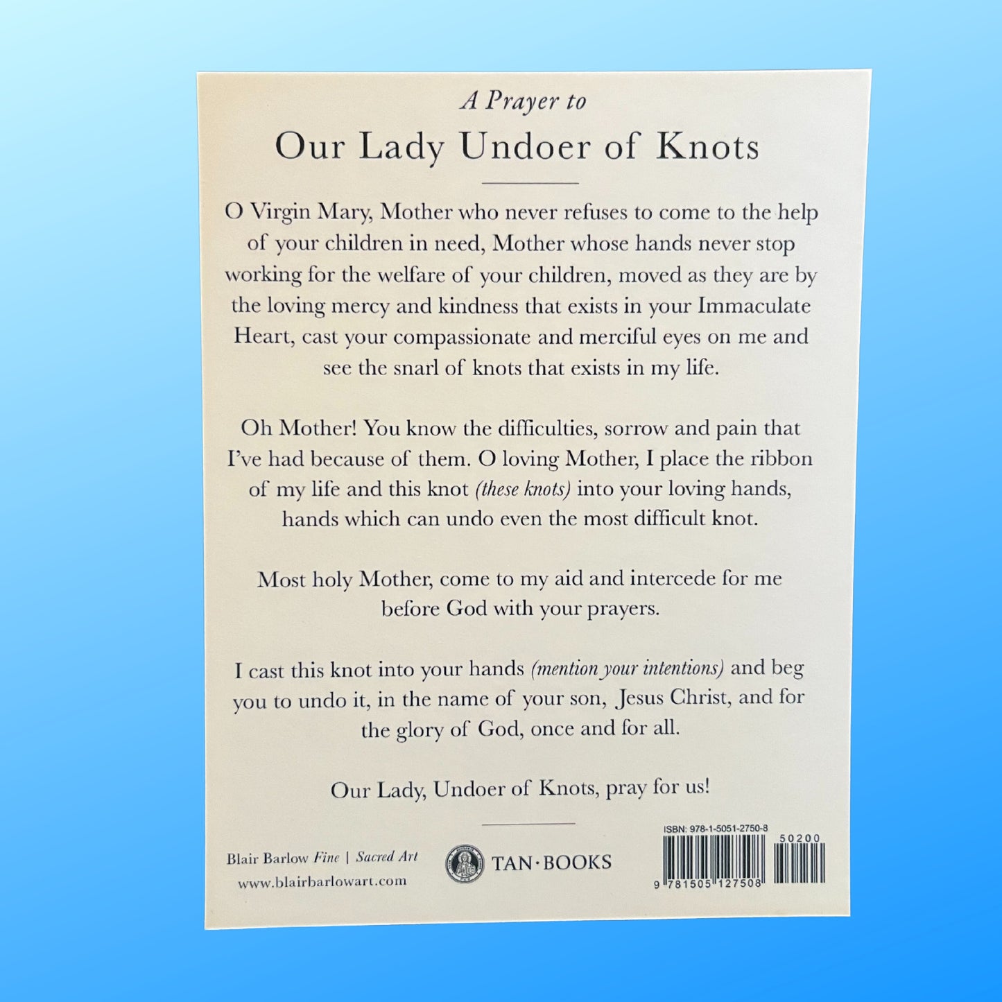 Our Lady Undoer of Knots prayer card from Bob and Penny Lord, featuring religious artwork and prayer text on a Christian holy card.