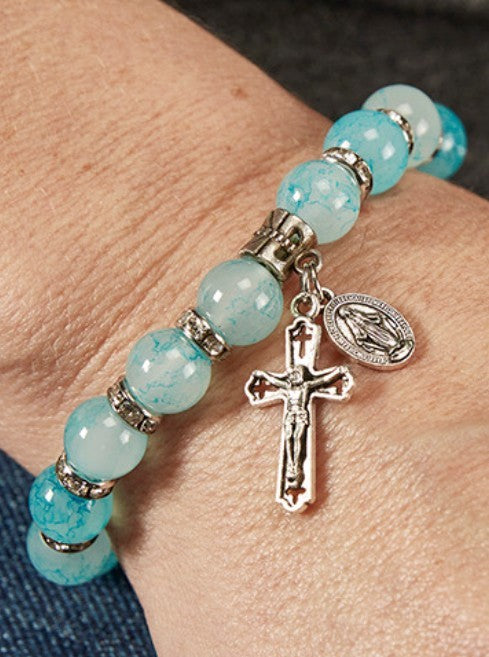 O L of the Miraculous  Medal Aqua Marbled Glass Bracelet, New #Gftshp-151 - Journeys of Faith