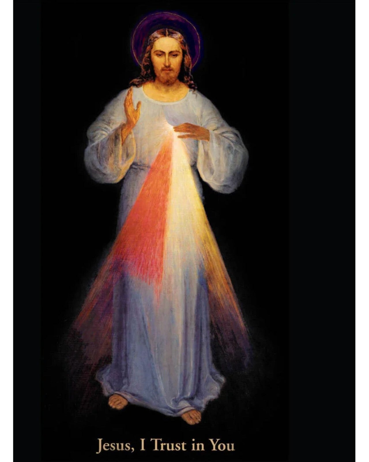 Linen textured art print of the Divine Mercy from Vilnius, featuring religious imagery, by Bob and Penny Lord Journeys of Faith.