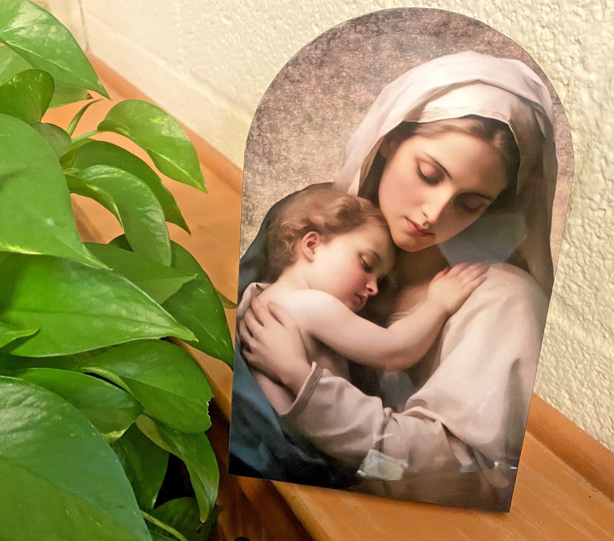 Wood plaque featuring Madonna with Child artwork, 8-inch religious Christian print by Bob and Penny Lord Journeys of Faith.