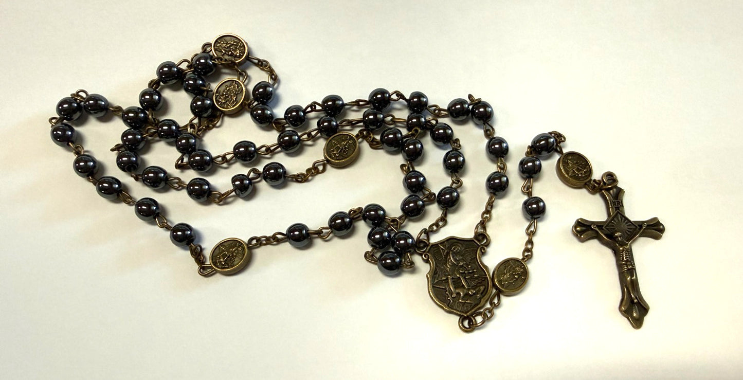 Saint Michael Natural Black Stone Rosary, New #Gftshp-238