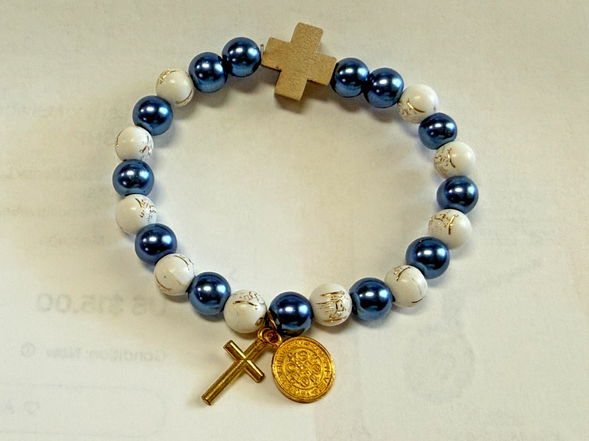Blue and  White  Bead Wood Bracelet, New #Gftshp-272 - Journeys of Faith