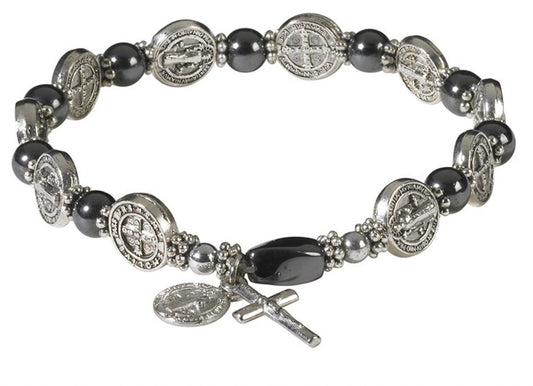 Saint Benedict Hematite Stretch Bracelet , New #AB-394-R2