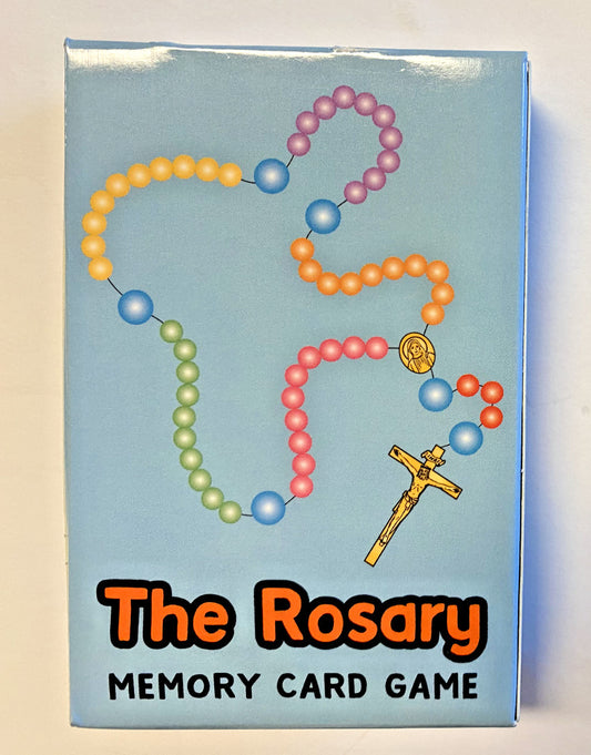 Children's Christian memory card game featuring religious symbols and illustrations from Bob and Penny Lord's The Rosary collection.