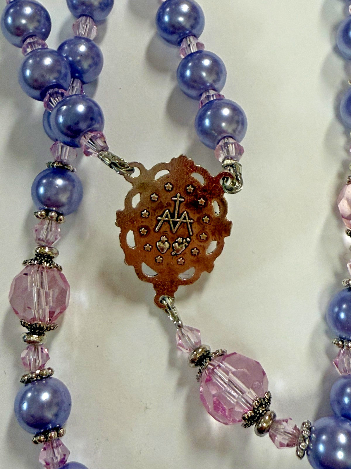 Purple Rosary with Faux Glass Pearl and Faceted Crystal Beads 19 In