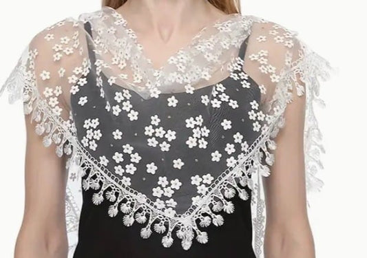 Women's white lace church veil with gold accents, detailed lace pattern, and elegant drape for special occasions.