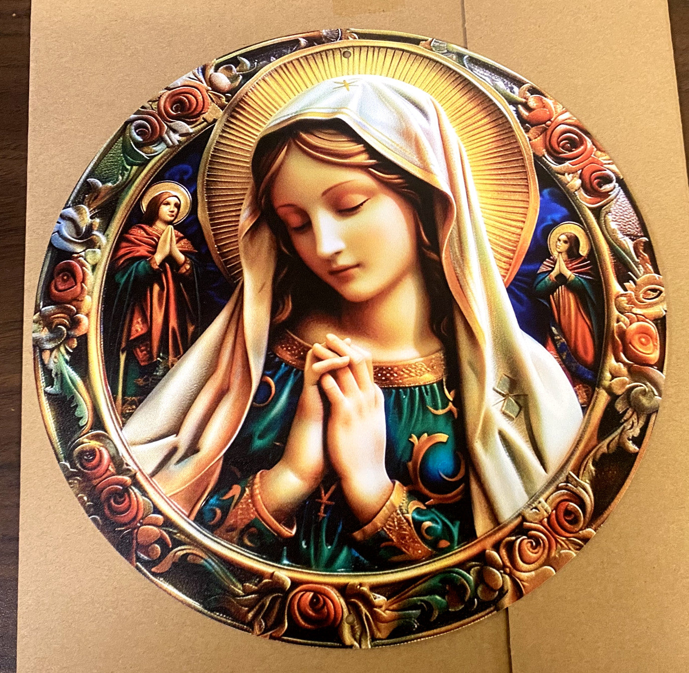 Blessed Virgin Mary Icon Style Aluminum 8" Round Image, New #ALM-010-gftshp - Journeys of Faith
