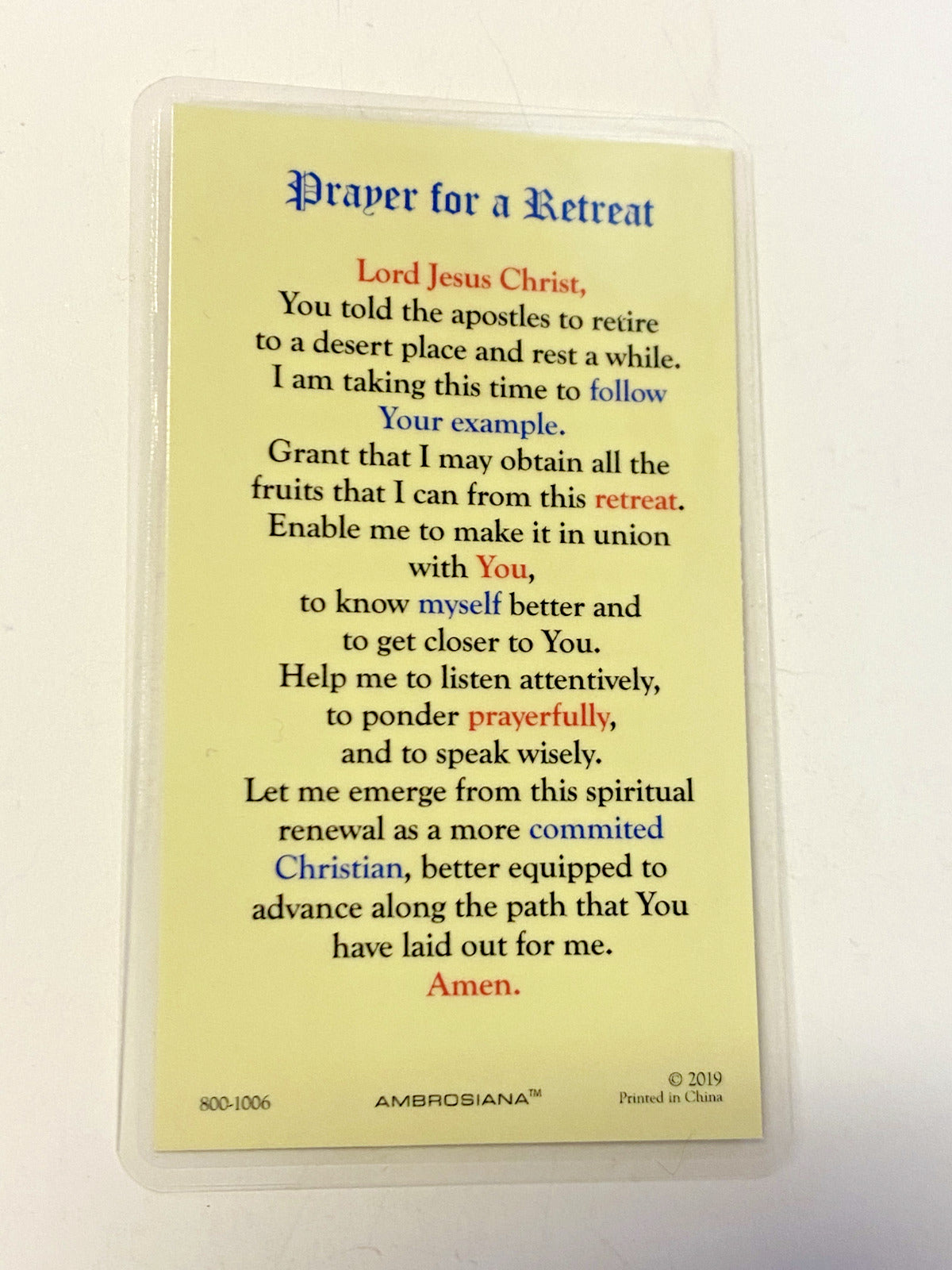 Jesus Christ/"Prayer for Retrear"  Llaminated Prayer Card, New