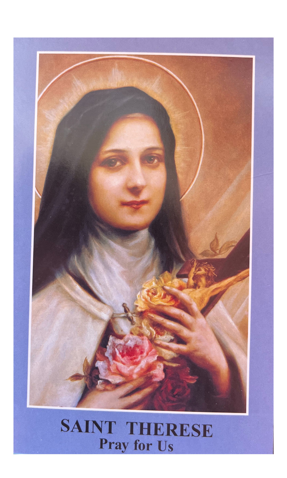 Saint Therese Miraculous Prayer Card from Bob and Penny Lord, featuring religious imagery and Christian holy card design.