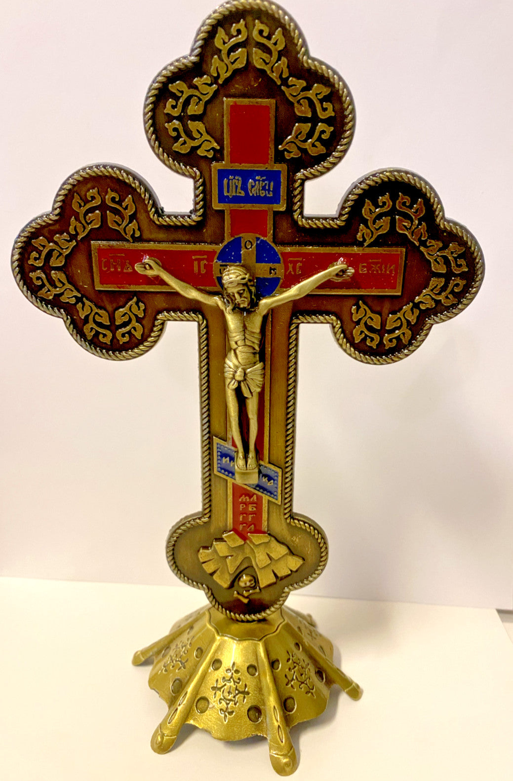 Standing antique gold 8-inch crucifix with detailed craftsmanship, designed by Bob and Penny Lord for Christian religious collectibles.