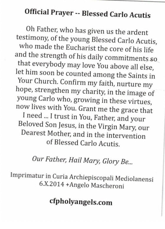 Blessed Carlo Acutis,(Apostle of the Eucharist) Prayer Card, New #PC-107