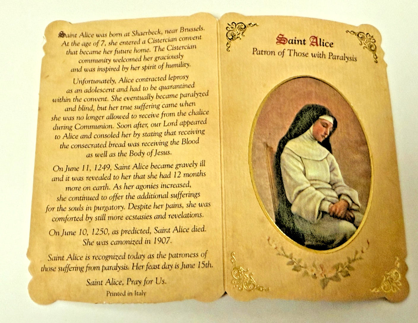 Saint Alice (Patron St of the Paralyzed  ) Prayer Card + Medal, New #PCM-32 - Journeys of Faith