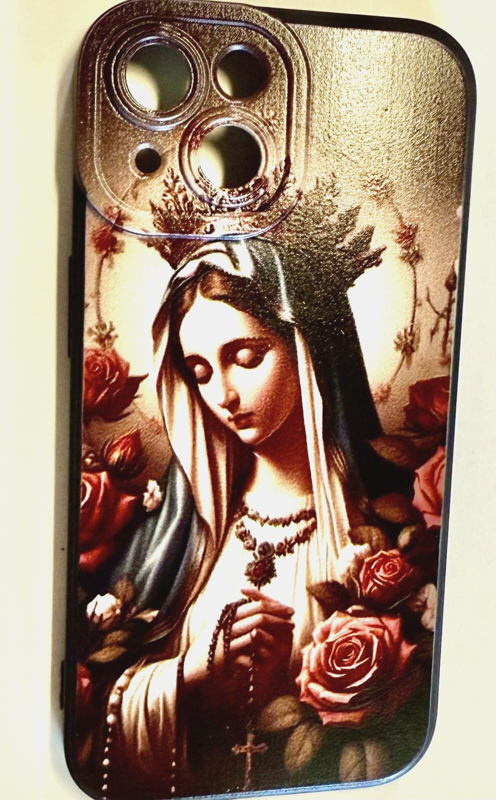 Virgin Mary iPhone 15 case by New Case, featuring religious artwork, protective phone cover for iPhone 15.