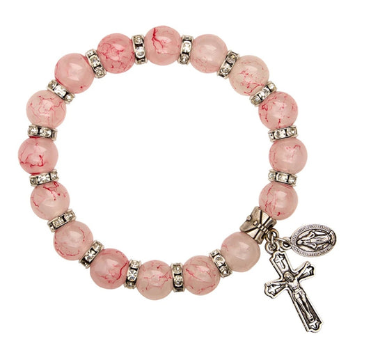 O L of the Miraculous  Medal Pink Marbled Glass Bracelet, New #Gftshp-149 - Journeys of Faith