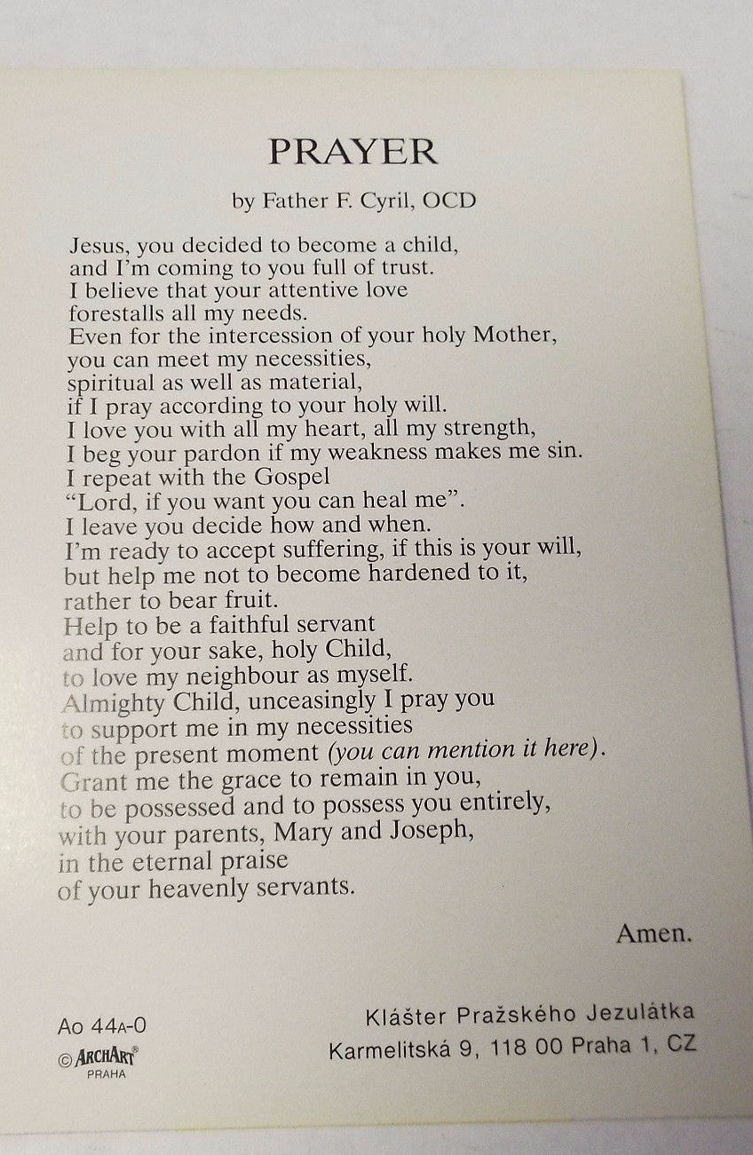 Authentic Infant of Prague prayer card from Bob and Penny Lord, featuring religious imagery and detailed illustration.