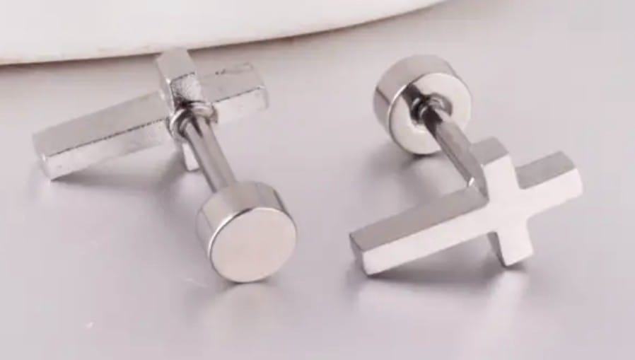 Cross stud earrings with 10mm size, featuring a simple design, made of fashion jewelry material, unbranded, in the image.