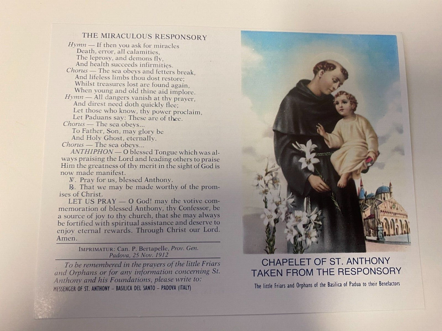 Chaplet of Saint Anthony taken from the Responsory Folder, New from Italy #PC-16 - Bob and Penny Lord