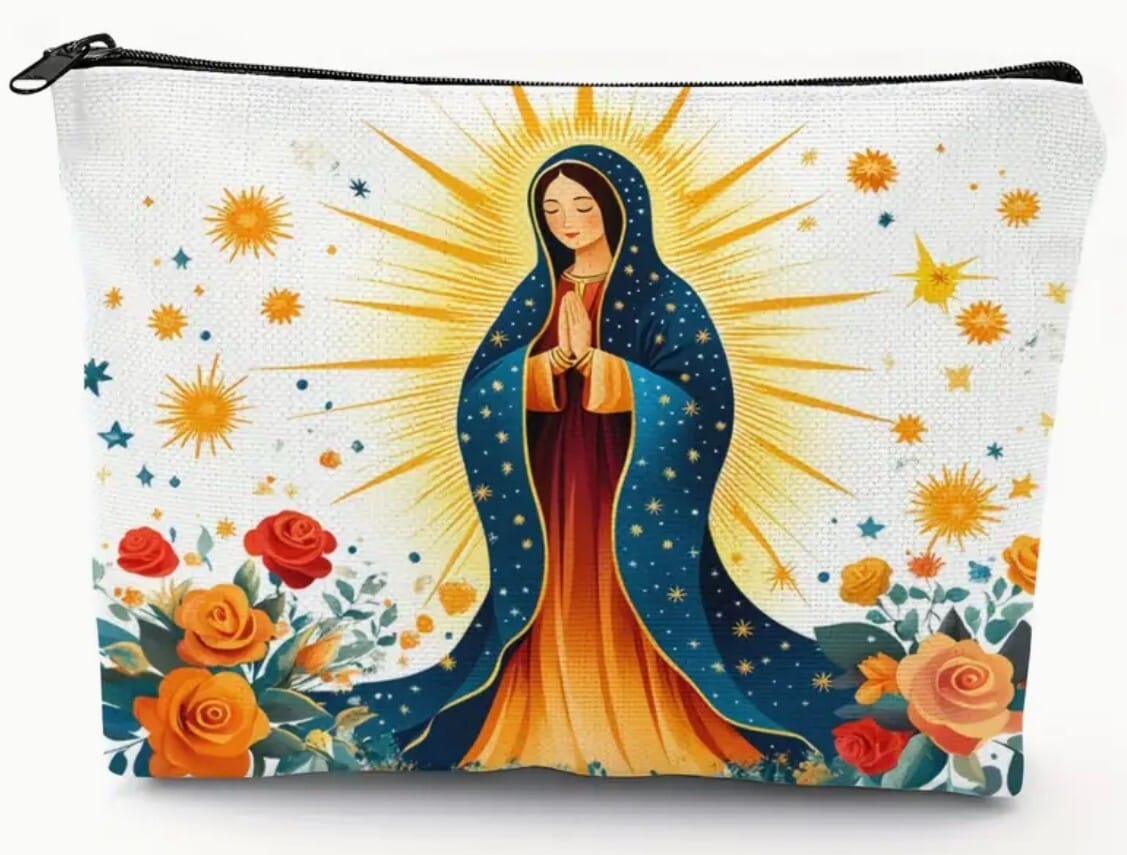 Stained glass design pouch featuring Our Lady of Guadalupe, Christian collectible by Journeys of Faith, vibrant religious artwork.