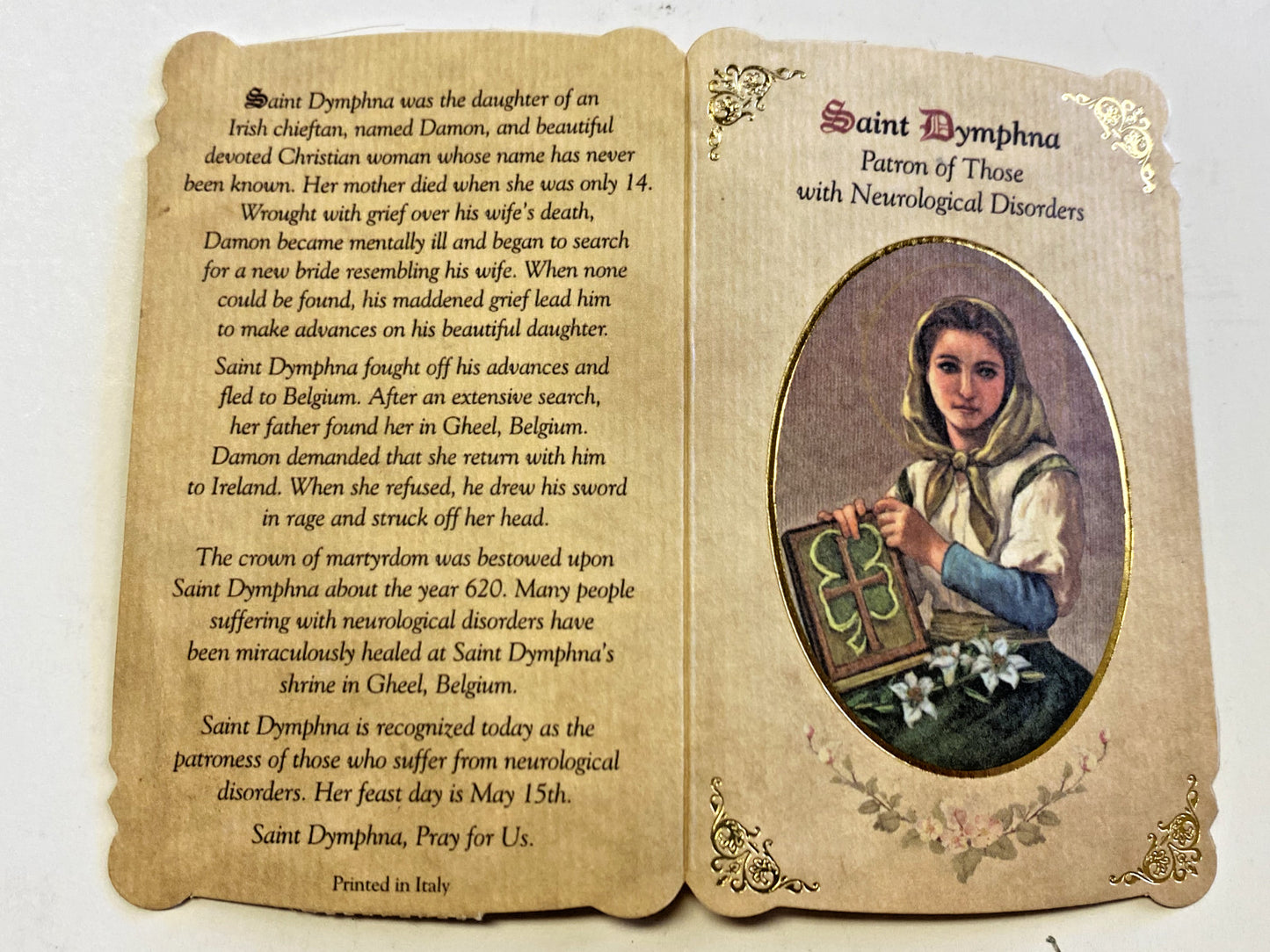 Saint Dymphna Patron - Neurological Disorders Prayer & Medal Card, New #PCM-013