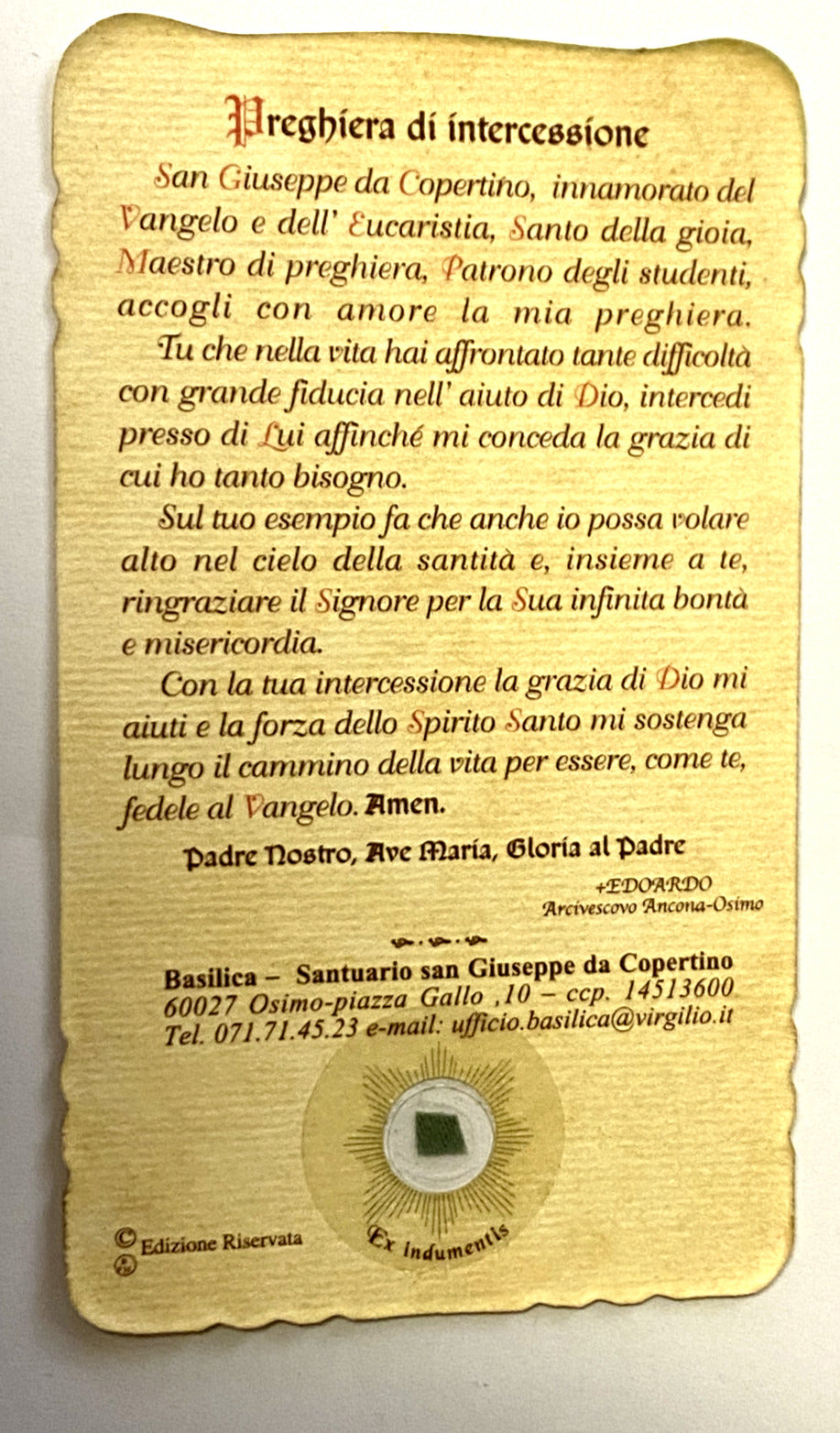 Saint Joseph of Cupertino 3rd Class Relic/ Prayer Card In Italian,New from Italy