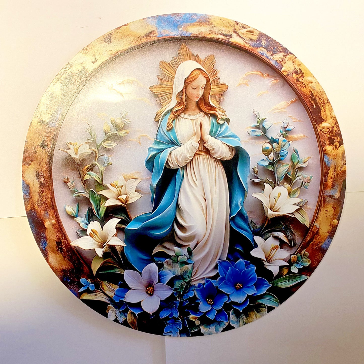 Aluminum 8-inch image of Mother Mary with blue background and lilies, religious Christian artwork by Bob and Penny Lord Journeys of Faith