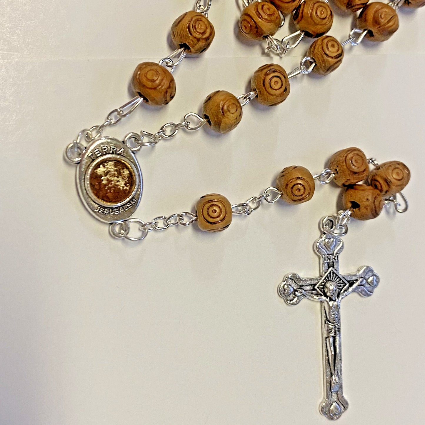 Olive Wood Rosary with Holy Soil , New from Jerusalem #AB-348-R2