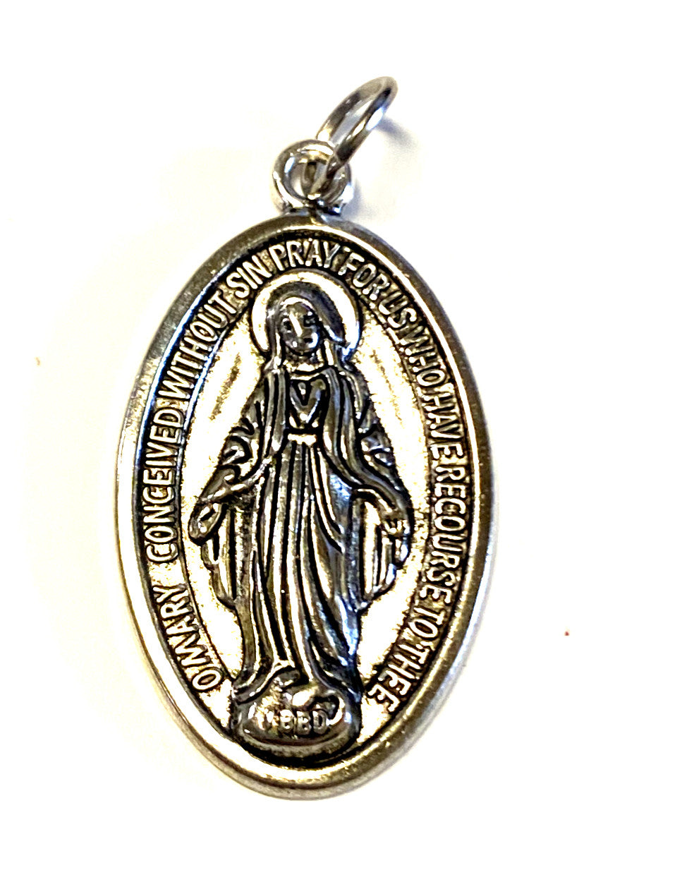 Silver tone Our Lady of the Miraculous medal, 1.5-inch religious medal from Italy, featuring the Virgin Mary, by Bob and Penny Lord.