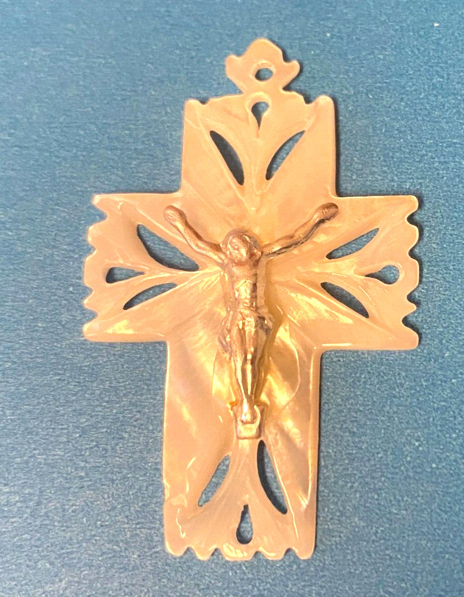 Image of Our Lady of Perpetual Help religious print with a mother of pearl crucifix pendant, featuring detailed Christian artwork.