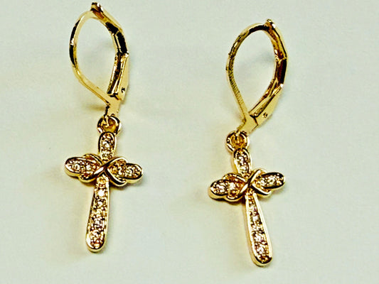 Cross 1.25"  .925 Sterling Gold Drop Small Earrings, New #Gftshp-254
