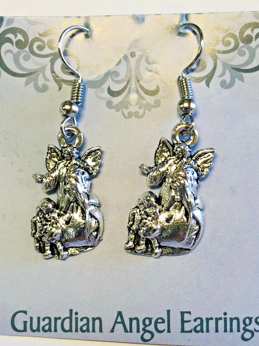 Guardian Angel Earrings, Silvertone, New #MD-050